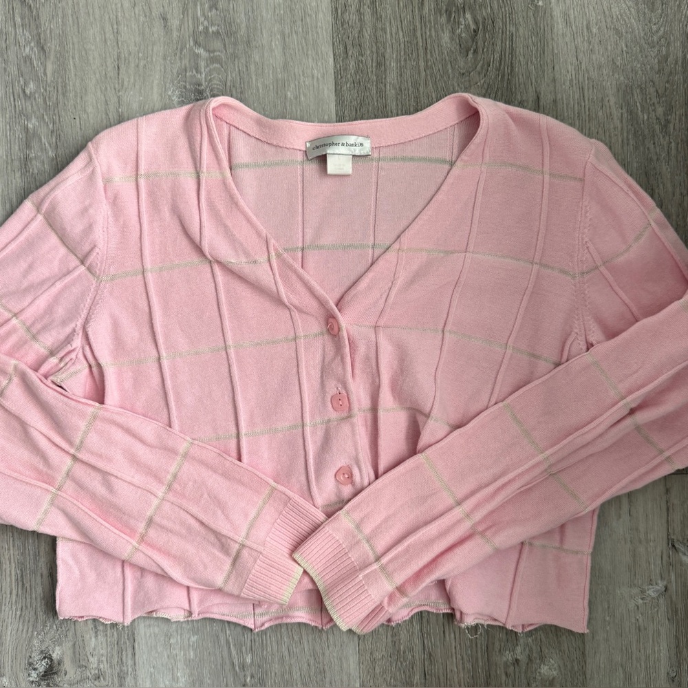 Christopher & Banks Cropped Raw Hem Pink & Green Checkered Cardigan